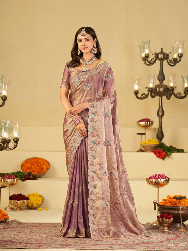 Lavender Designer Fendy Satin Saree with Heavy Embroidered Border | Elegant Party Wear Festive Saree with Intricate Embroidery & Matching Blouse