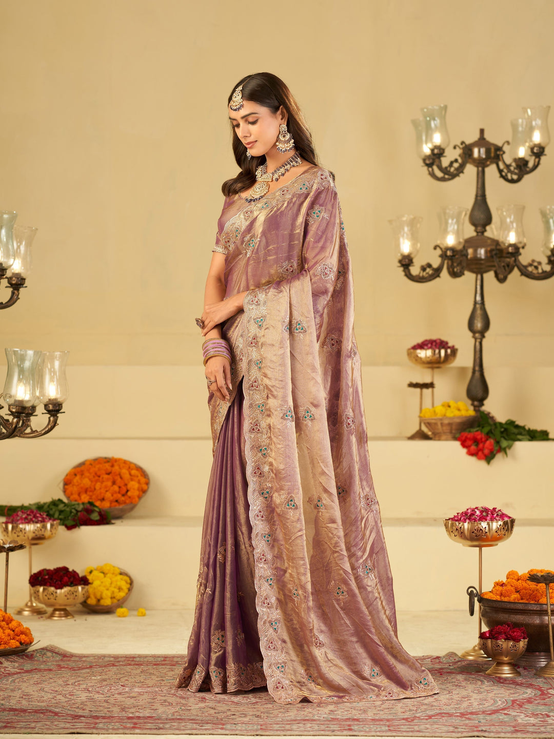 Lavender Designer Fendy Satin Saree with Heavy Embroidered Border | Elegant Party Wear Festive Saree with Intricate Embroidery & Matching Blouse