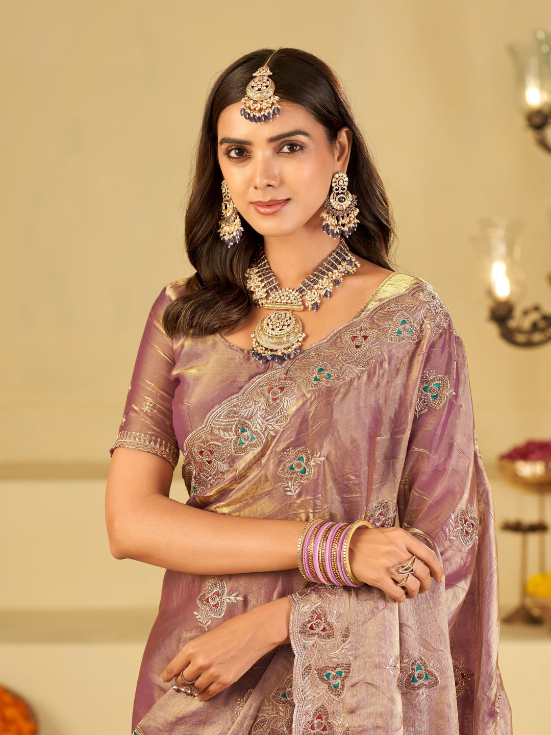 Lavender Designer Fendy Satin Saree with Heavy Embroidered Border | Elegant Party Wear Festive Saree with Intricate Embroidery & Matching Blouse