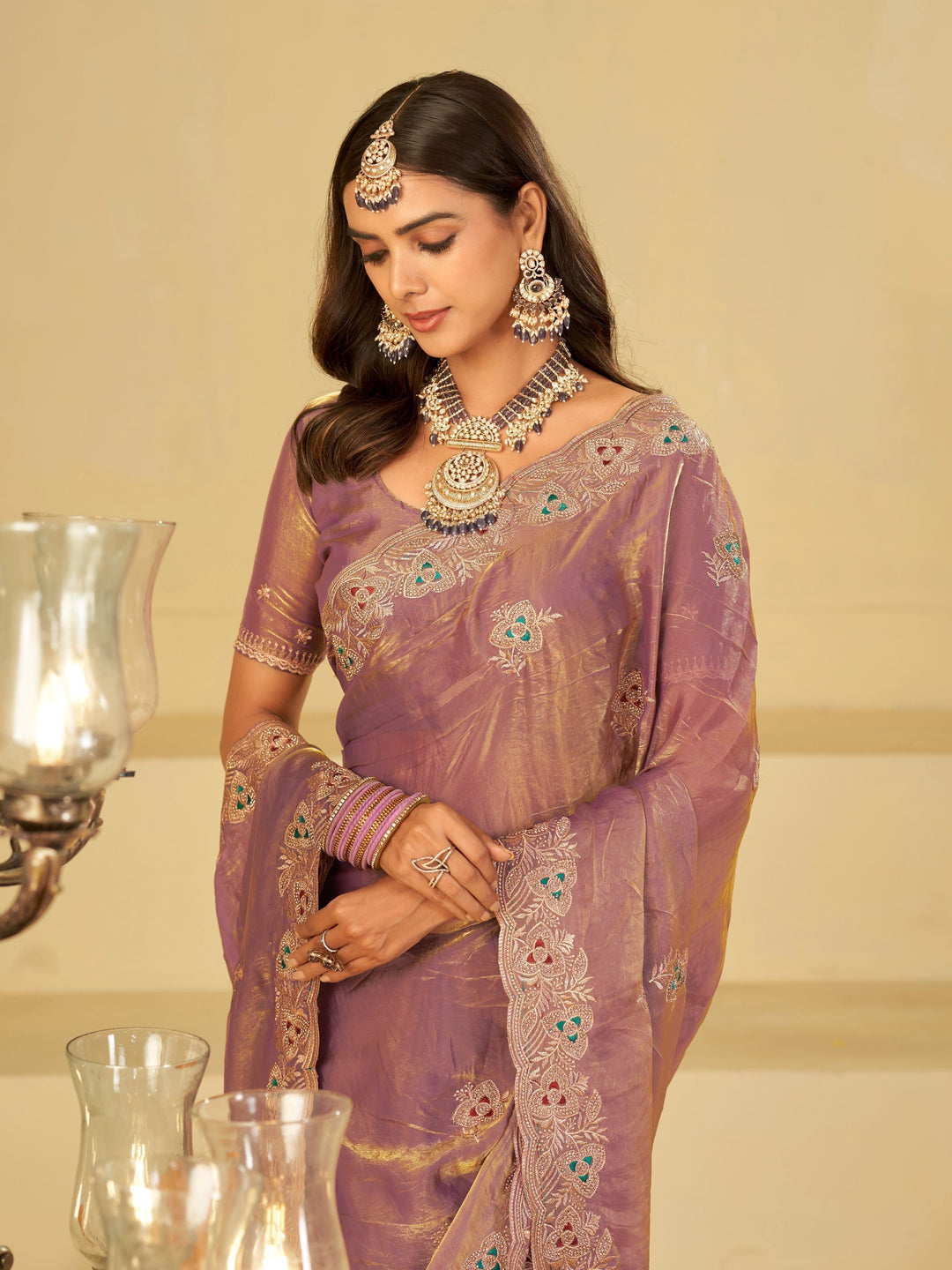 Lavender Designer Fendy Satin Saree with Heavy Embroidered Border | Elegant Party Wear Festive Saree with Intricate Embroidery & Matching Blouse