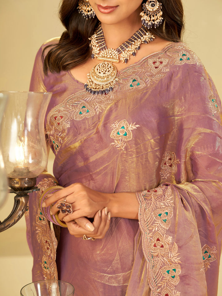 Lavender Designer Fendy Satin Saree with Heavy Embroidered Border | Elegant Party Wear Festive Saree with Intricate Embroidery & Matching Blouse