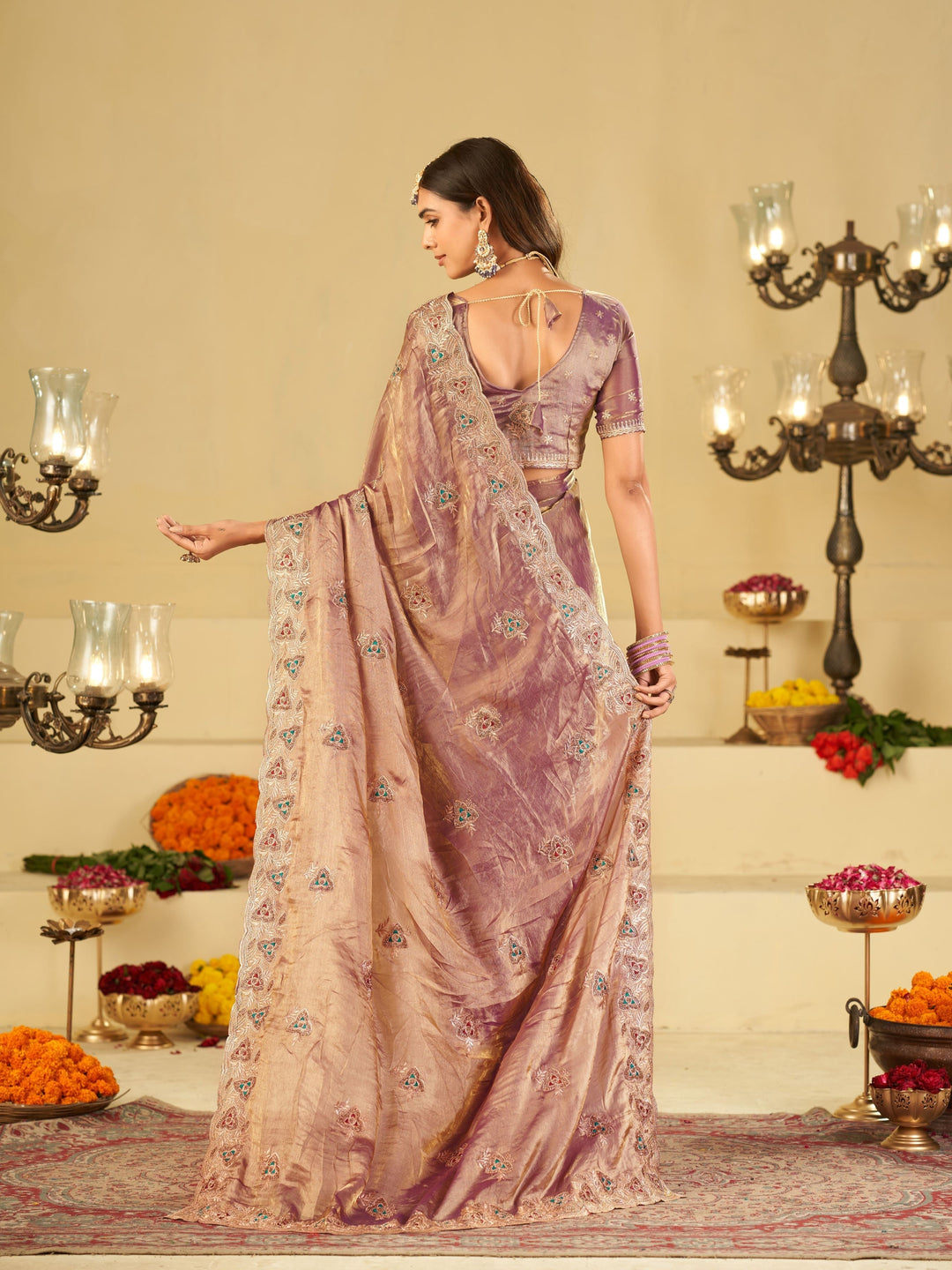 Lavender Designer Fendy Satin Saree with Heavy Embroidered Border | Elegant Party Wear Festive Saree with Intricate Embroidery & Matching Blouse