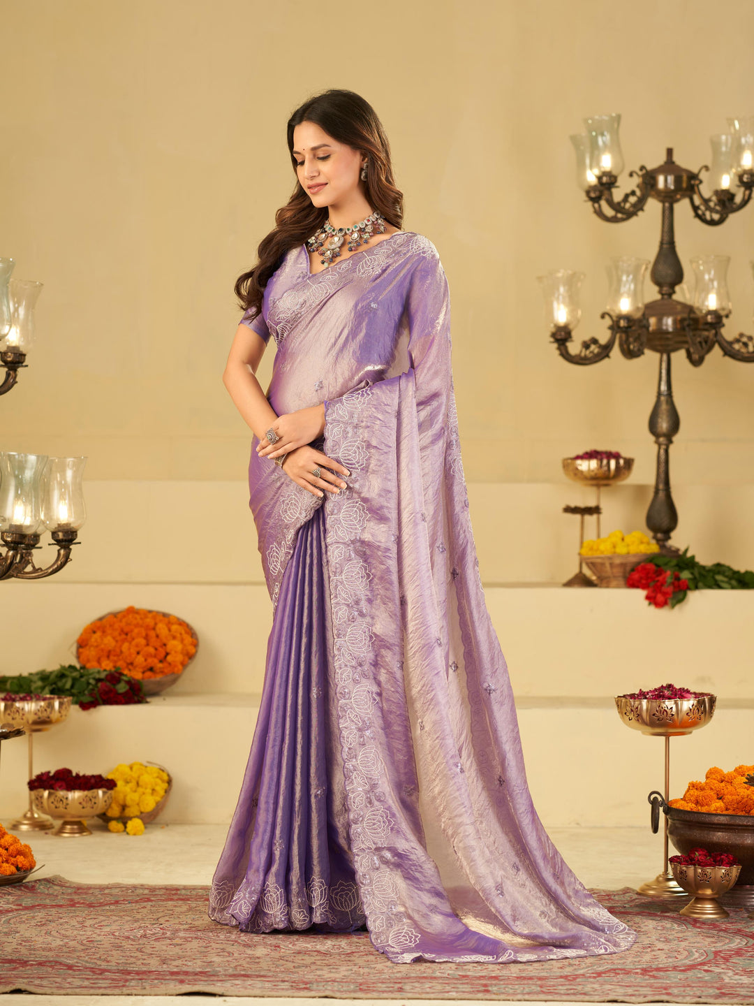 Lavender Purple Fendy Satin Saree with White Floral Embroidery Border | Elegant Designer Party Wear Saree with Blouse