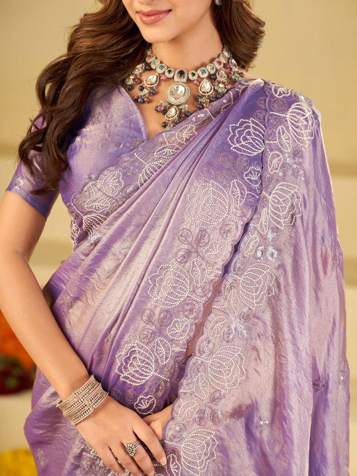 Lavender Purple Fendy Satin Saree with White Floral Embroidery Border | Elegant Designer Party Wear Saree with Blouse