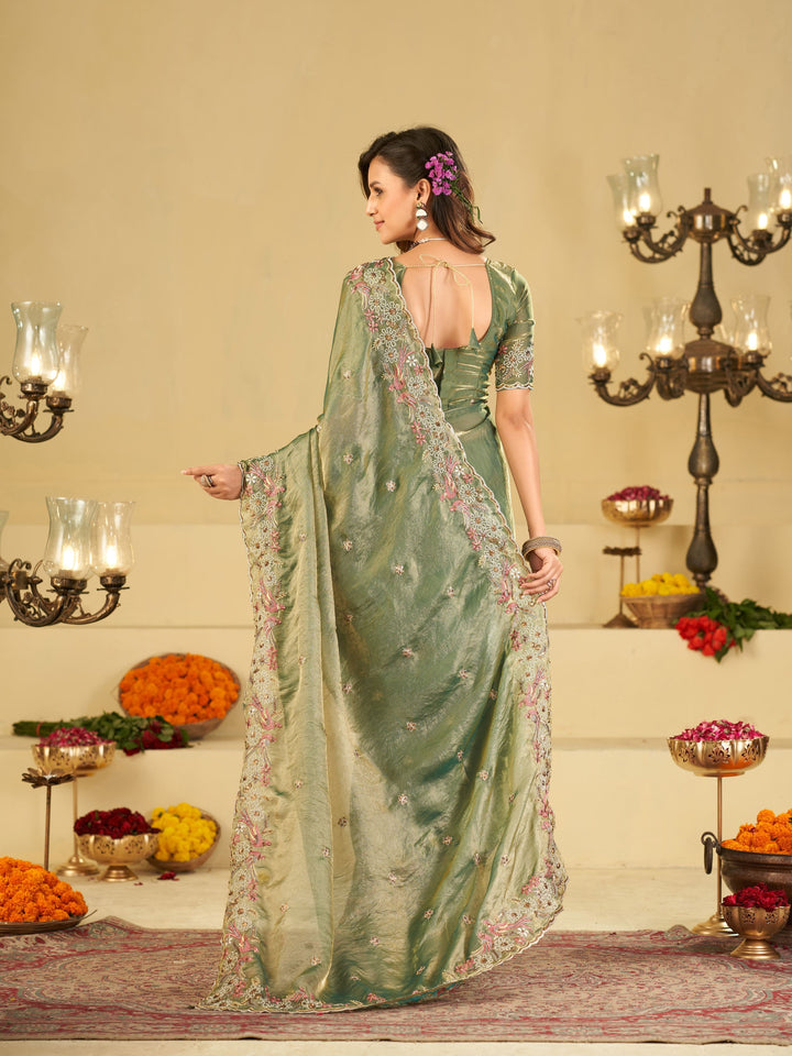 Sage Green Fendy Satin Saree with Floral Embroidery Border | Designer Party Wear Embroidered Saree with Blouse