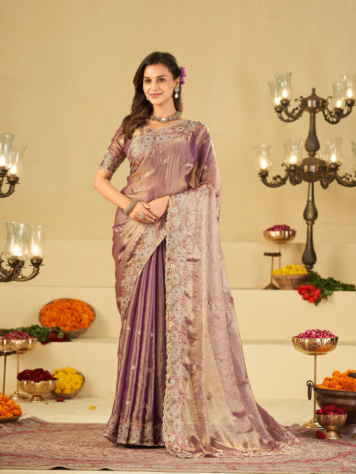Lavender Purple Fendy Satin Saree with Floral Embroidery Border | Designer Party Wear Embroidered Saree with Blouse