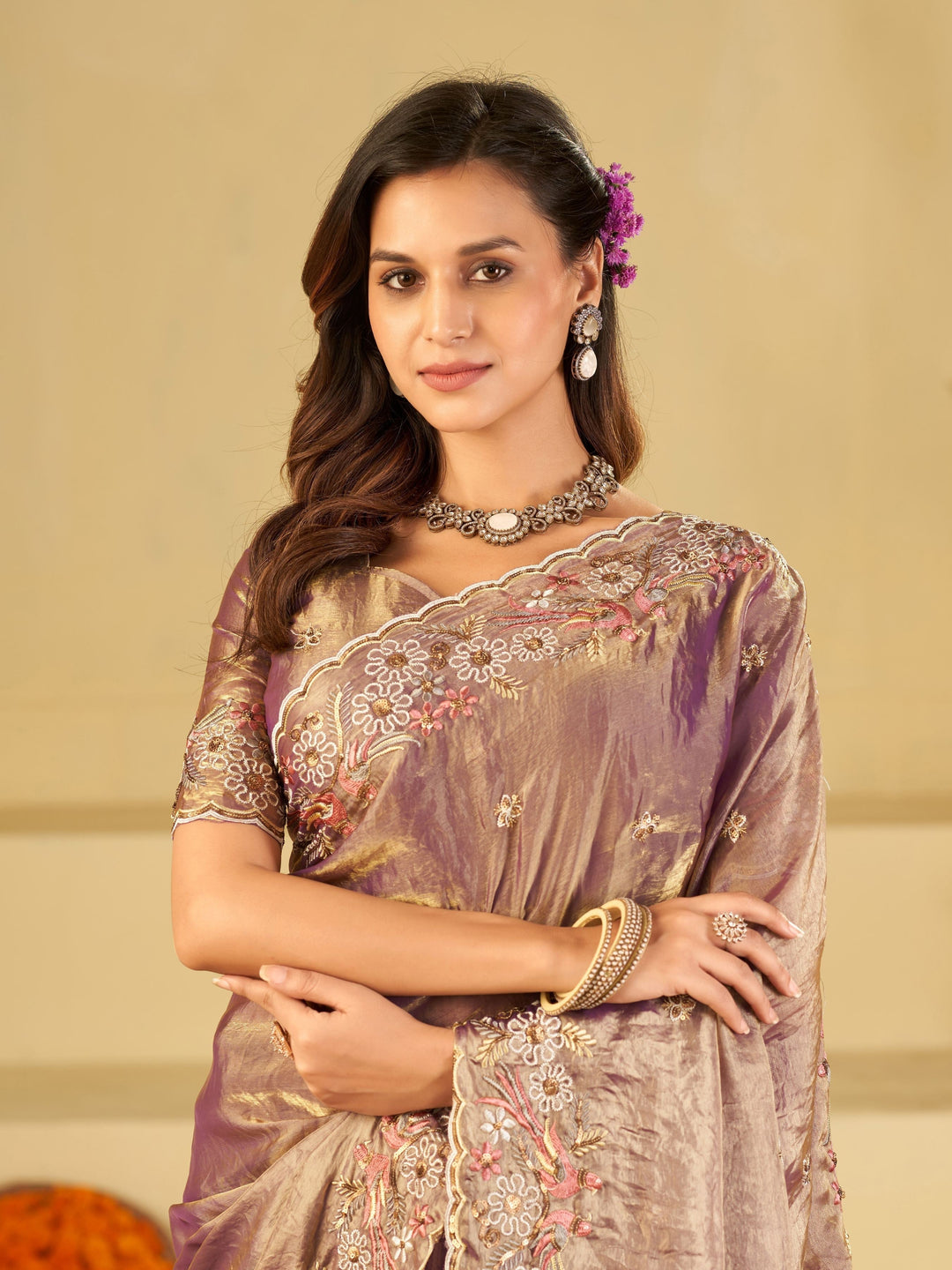 Lavender Purple Fendy Satin Saree with Floral Embroidery Border | Designer Party Wear Embroidered Saree with Blouse