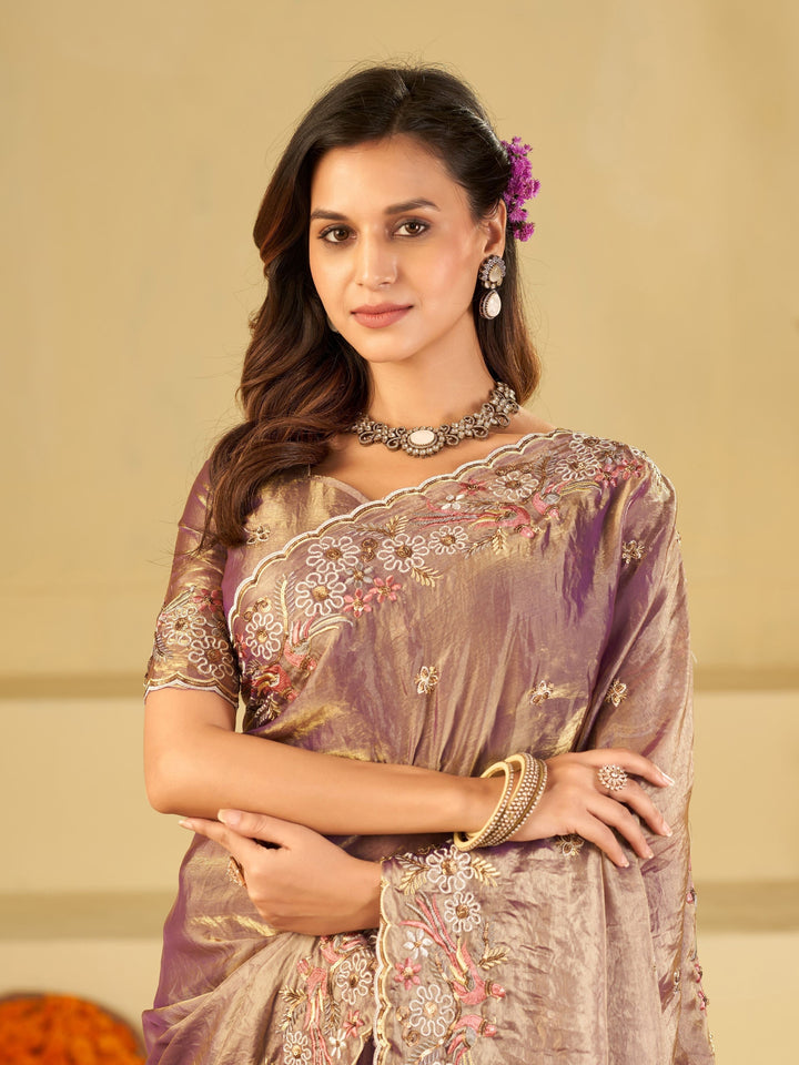 Lavender Purple Fendy Satin Saree with Floral Embroidery Border | Designer Party Wear Embroidered Saree with Blouse