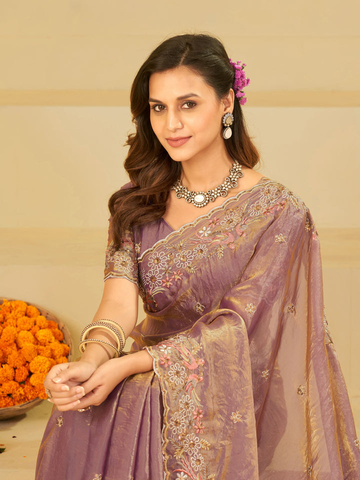 Lavender Purple Fendy Satin Saree with Floral Embroidery Border | Designer Party Wear Embroidered Saree with Blouse