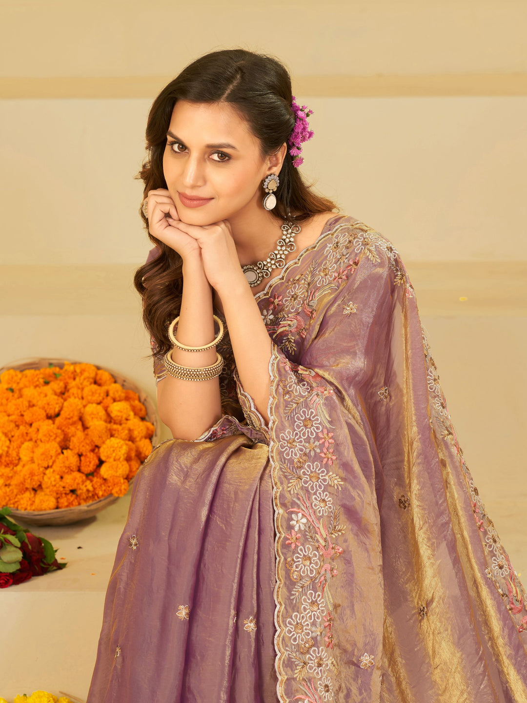 Lavender Purple Fendy Satin Saree with Floral Embroidery Border | Designer Party Wear Embroidered Saree with Blouse