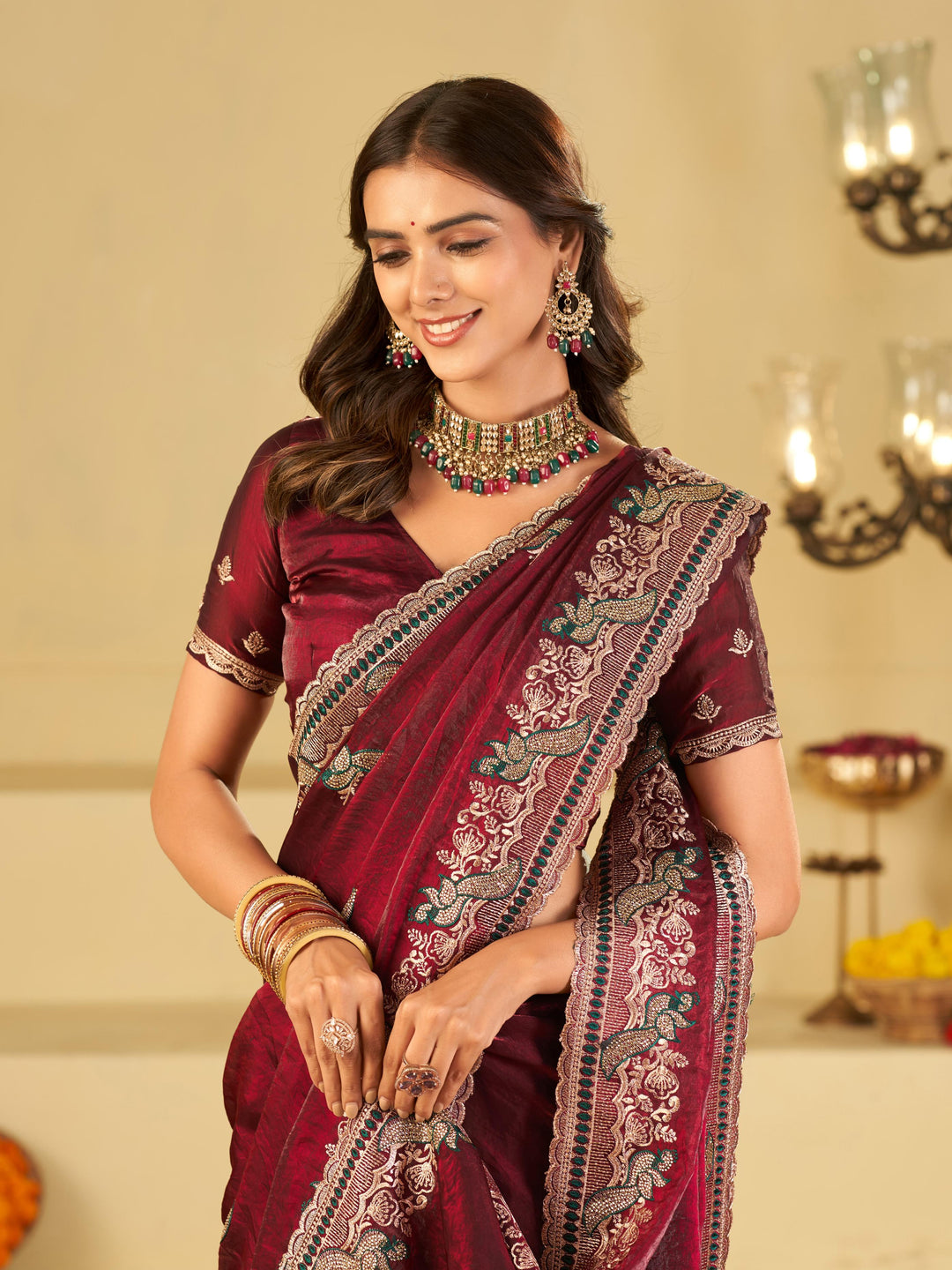 Wine Maroon Designer Fendy Satin Saree with Heavy Embroidered Border | Premium Festive Party Wear Saree with Elegant Embroidery & Matching Blouse