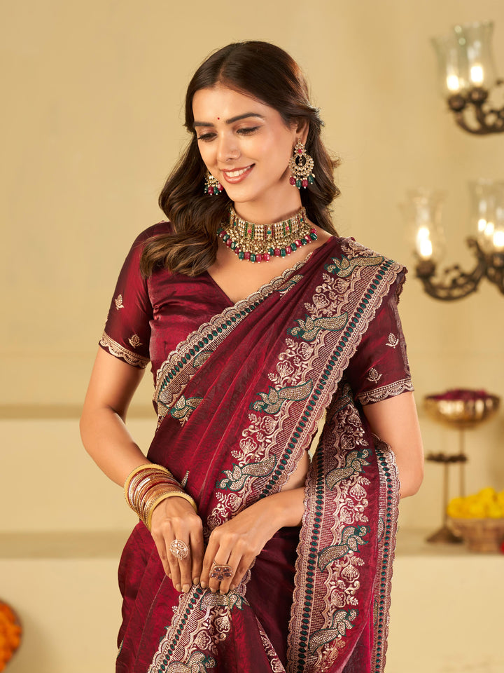 Wine Maroon Designer Fendy Satin Saree with Heavy Embroidered Border | Premium Festive Party Wear Saree with Elegant Embroidery & Matching Blouse