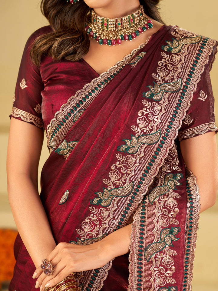 Wine Maroon Designer Fendy Satin Saree with Heavy Embroidered Border | Premium Festive Party Wear Saree with Elegant Embroidery & Matching Blouse