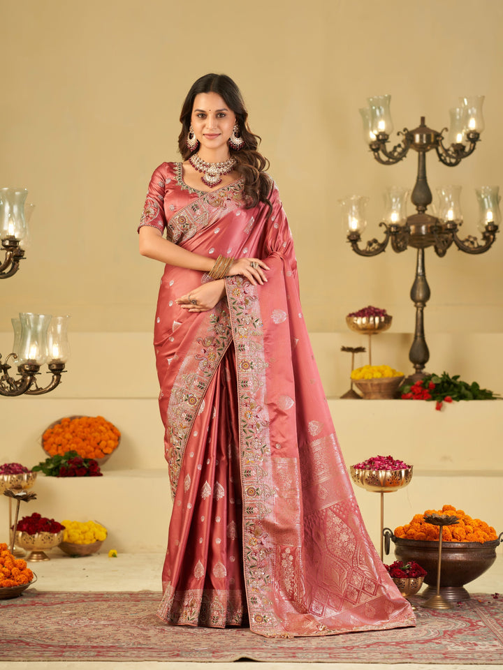 Rose Pink Banarasi Silk Saree with Floral Embroidered Border & Rich Zari Weaving | Designer Wedding Festive Saree