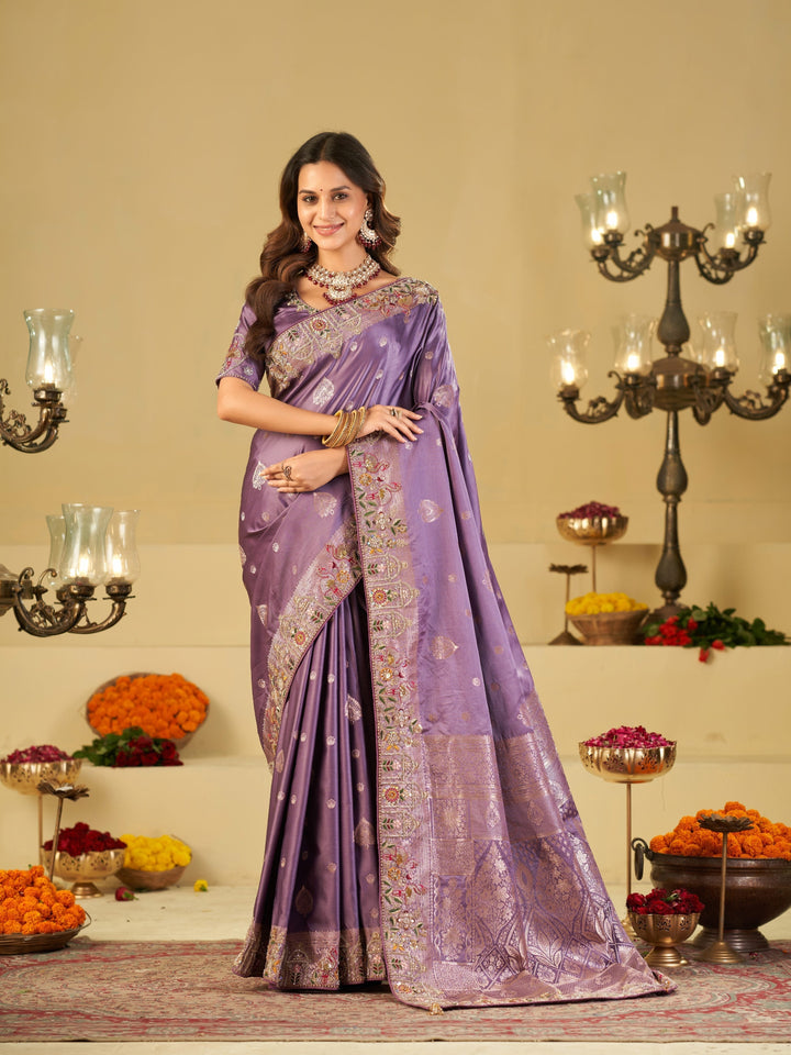 Lavender Banarasi Silk Saree with Floral Embroidered Border & Rich Zari Weaving | Designer Wedding Festive Saree