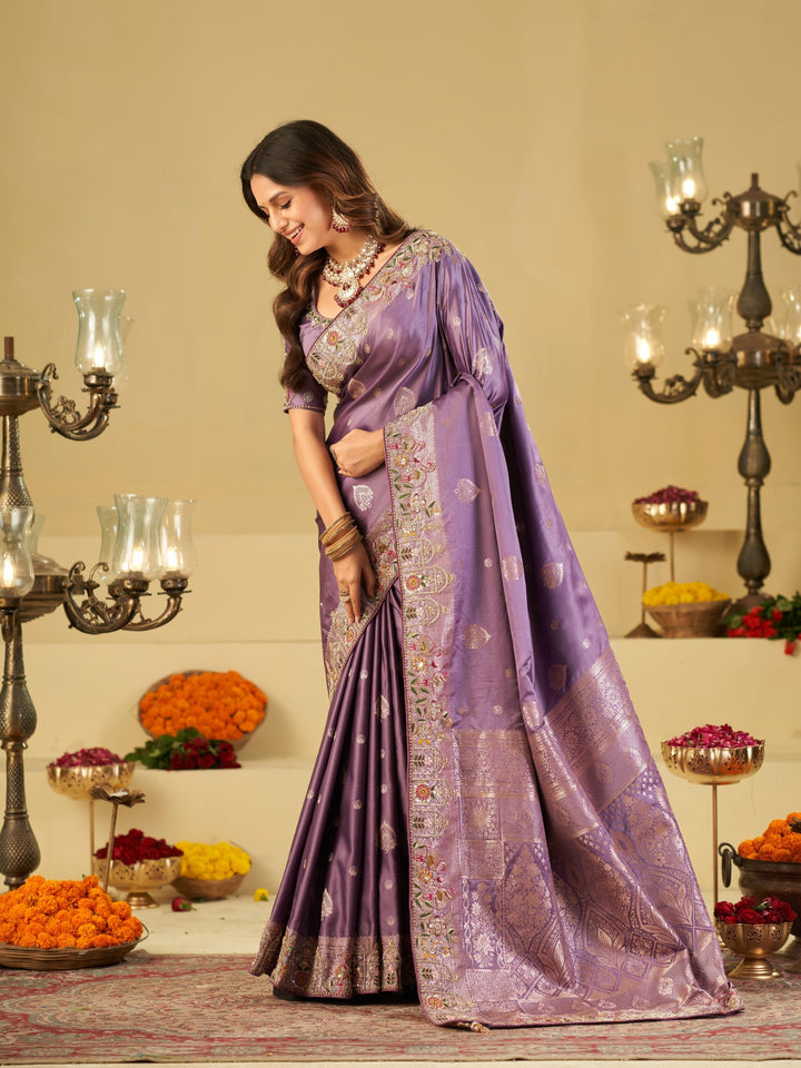 Lavender Banarasi Silk Saree with Floral Embroidered Border & Rich Zari Weaving | Designer Wedding Festive Saree