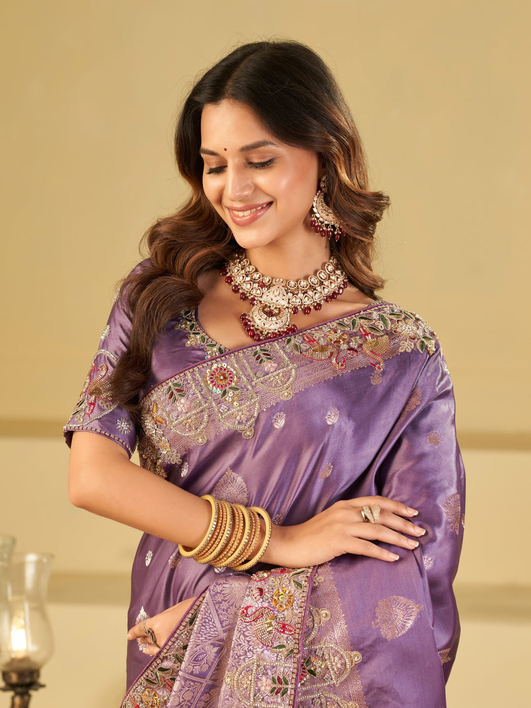 Lavender Banarasi Silk Saree with Floral Embroidered Border & Rich Zari Weaving | Designer Wedding Festive Saree