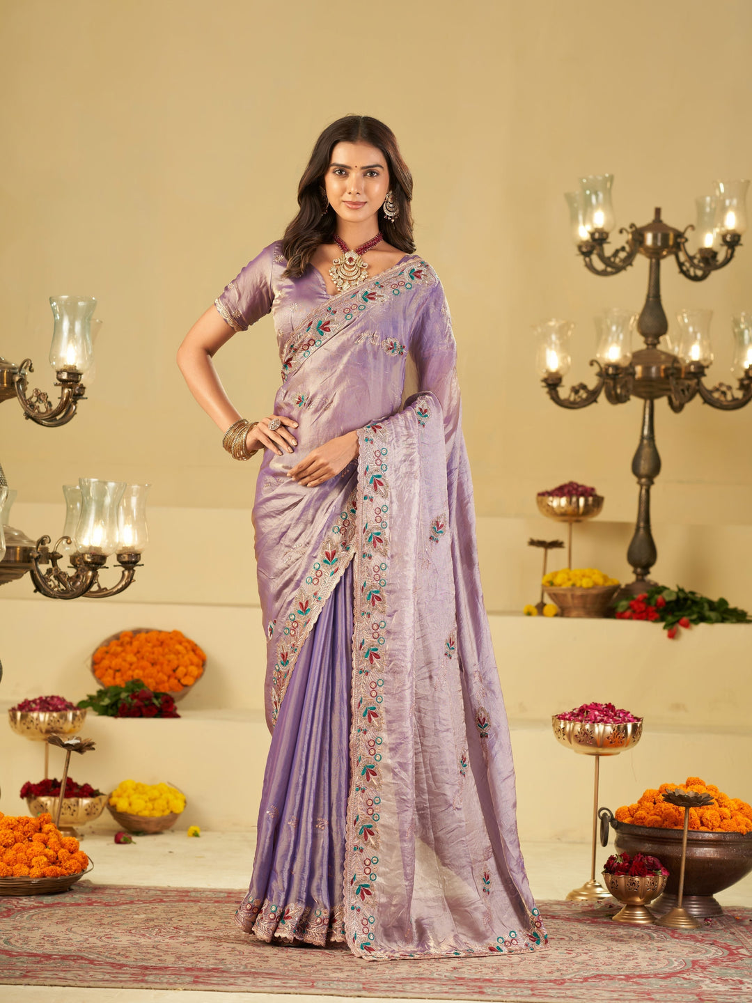 Lavender Purple Designer Fendy Satin Saree with Floral Embroidered Border & Elegant Thread Work | Premium Festive Party Wear Saree