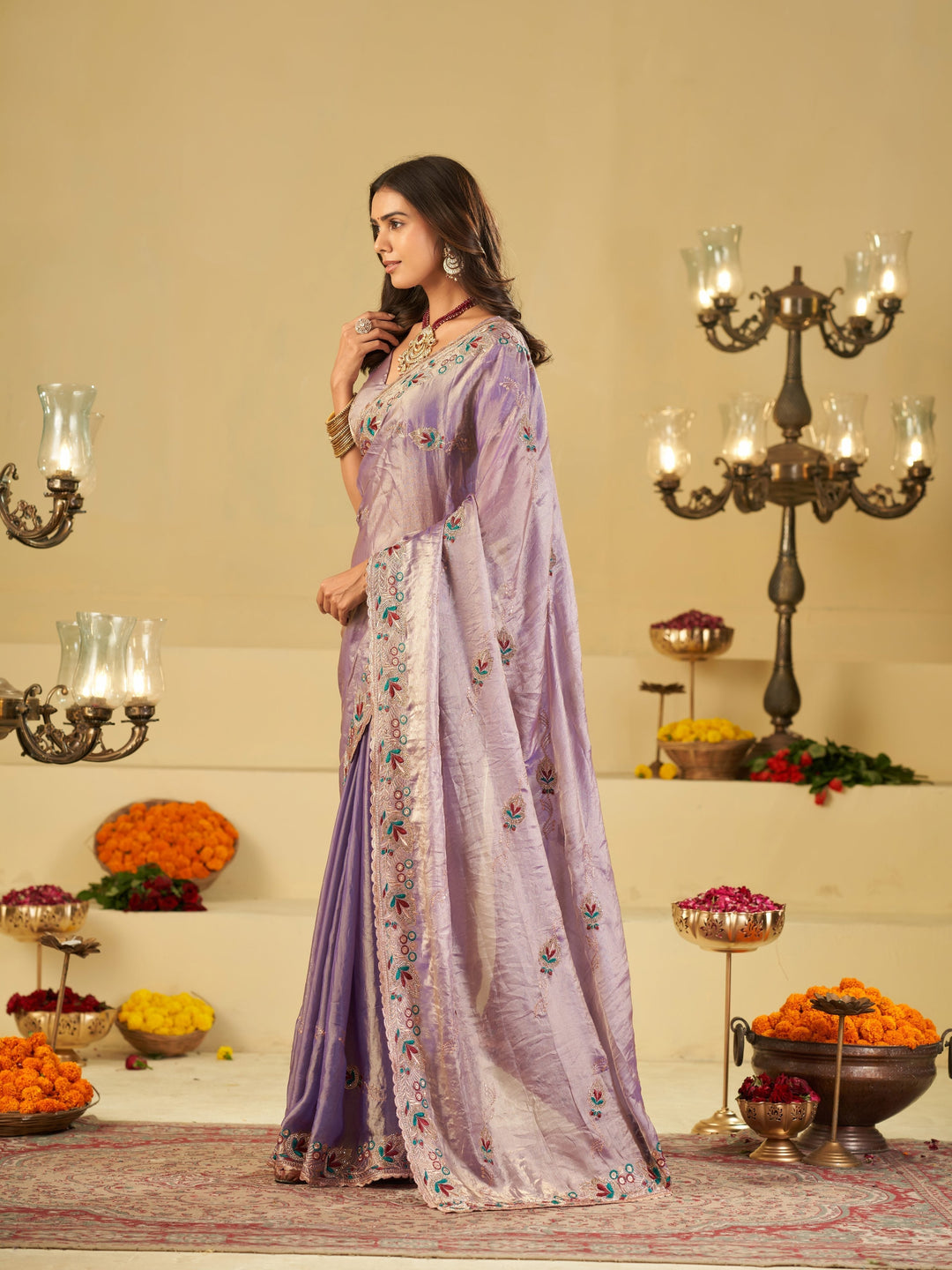 Lavender Purple Designer Fendy Satin Saree with Floral Embroidered Border & Elegant Thread Work | Premium Festive Party Wear Saree
