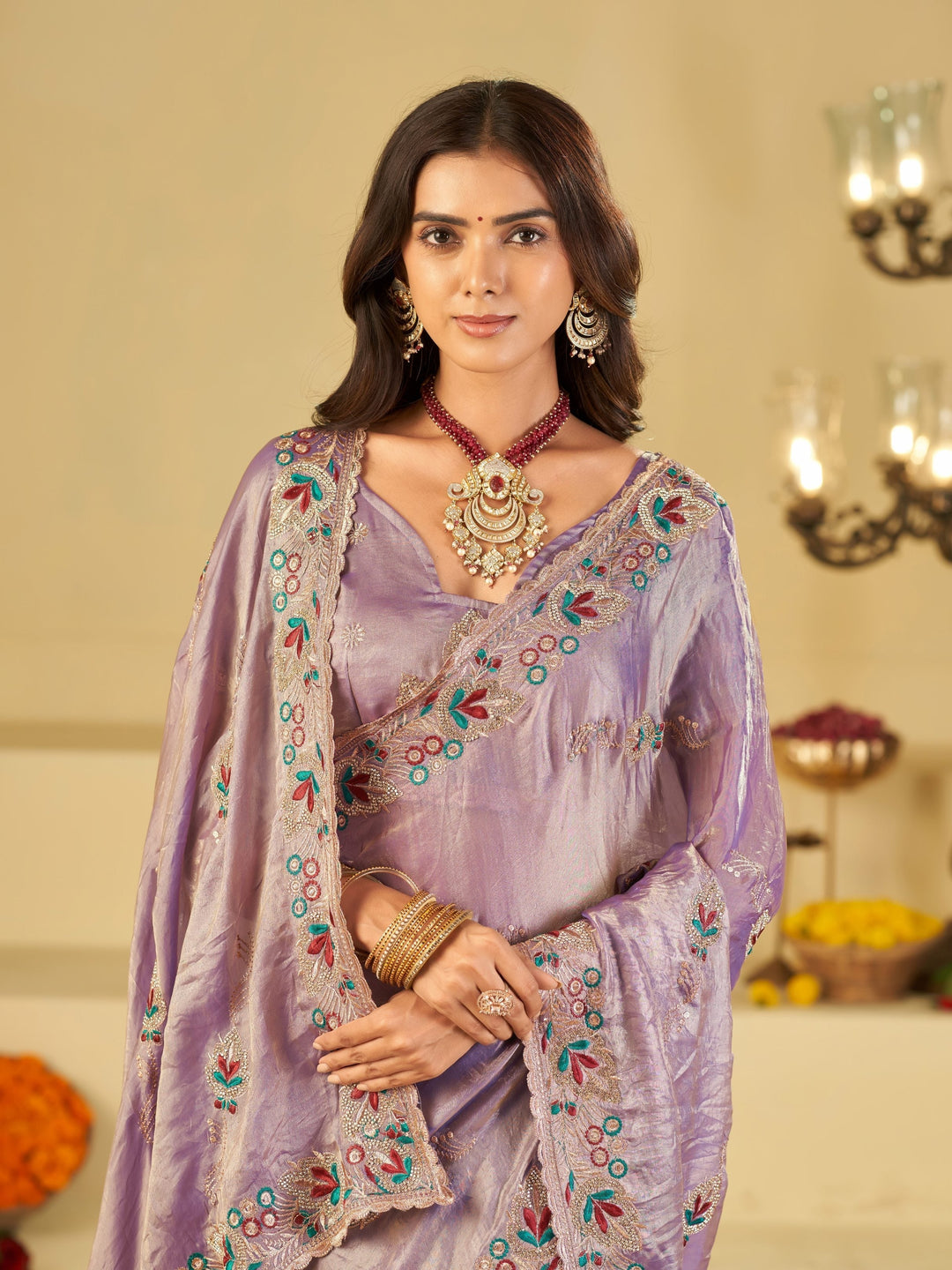 Lavender Purple Designer Fendy Satin Saree with Floral Embroidered Border & Elegant Thread Work | Premium Festive Party Wear Saree