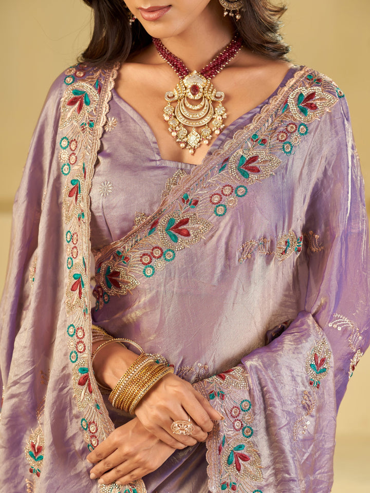 Lavender Purple Designer Fendy Satin Saree with Floral Embroidered Border & Elegant Thread Work | Premium Festive Party Wear Saree