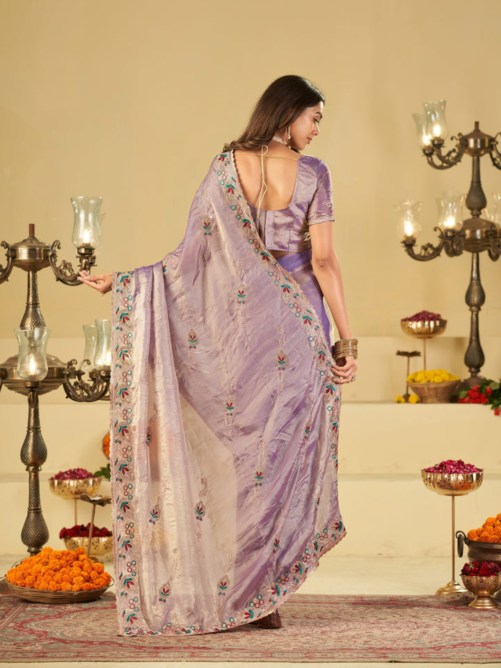 Lavender Purple Designer Fendy Satin Saree with Floral Embroidered Border & Elegant Thread Work | Premium Festive Party Wear Saree