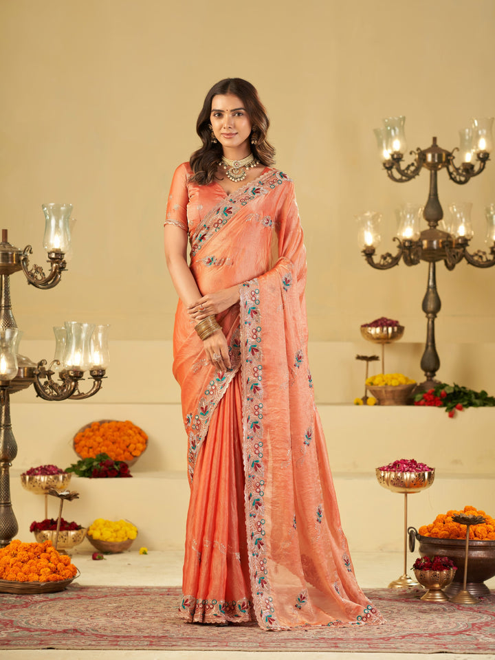 Peach Designer Fendy Satin Saree with Floral Embroidered Border & Elegant Thread Work | Premium Festive Party Wear Saree