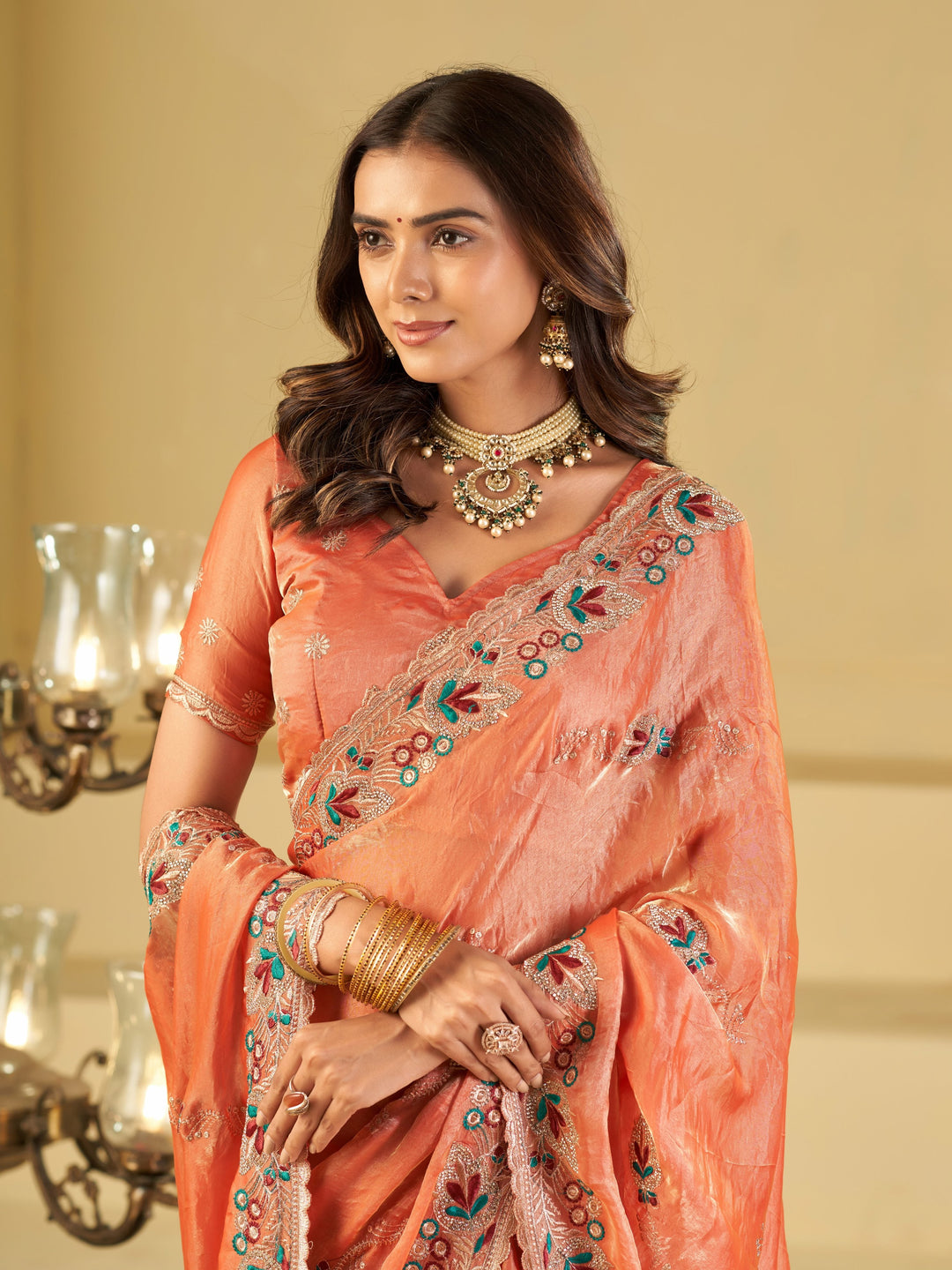 Peach Designer Fendy Satin Saree with Floral Embroidered Border & Elegant Thread Work | Premium Festive Party Wear Saree