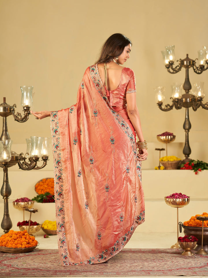 Coral Peach Designer Fendy Satin Saree with Floral Embroidered Border & Elegant Thread Work | Premium Festive Party Wear Saree