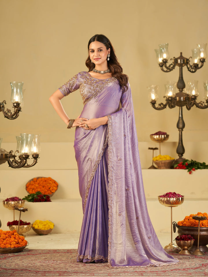 Lavender Designer Fendy Satin Saree with Heavy Embroidered Blouse & Sequin Border | Premium Wedding & Festive Wear Saree