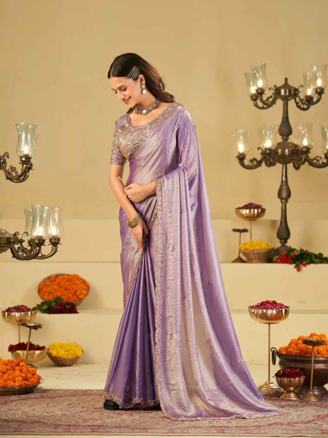 Lavender Designer Fendy Satin Saree with Heavy Embroidered Blouse & Sequin Border | Premium Wedding & Festive Wear Saree