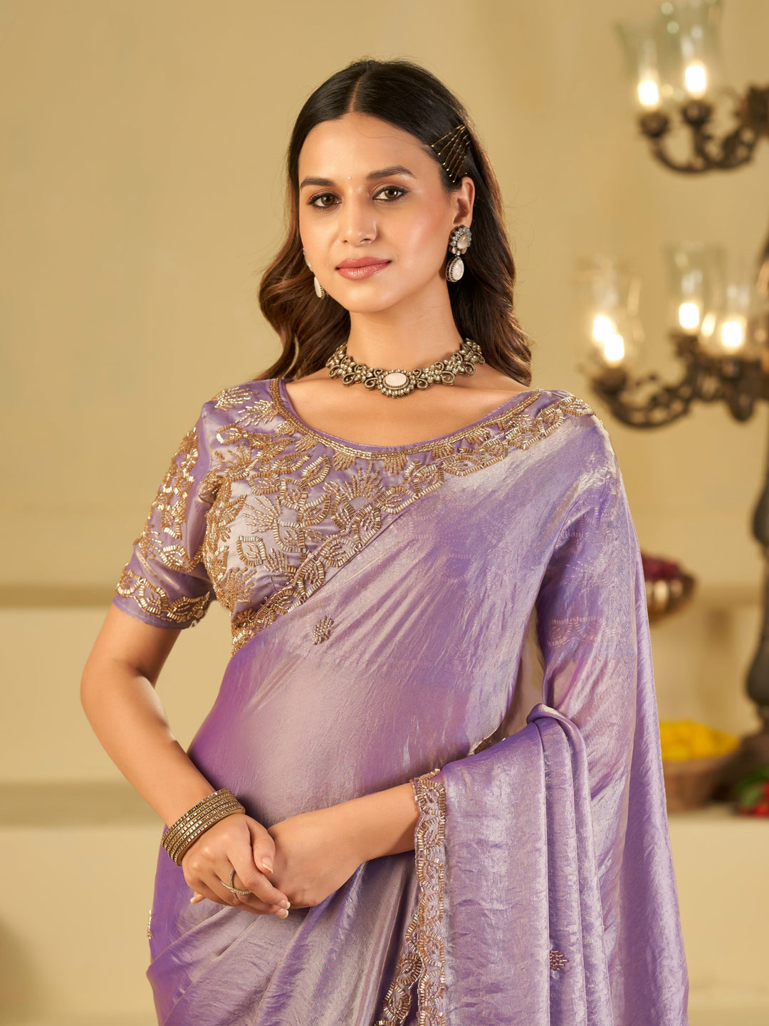 Lavender Designer Fendy Satin Saree with Heavy Embroidered Blouse & Sequin Border | Premium Wedding & Festive Wear Saree