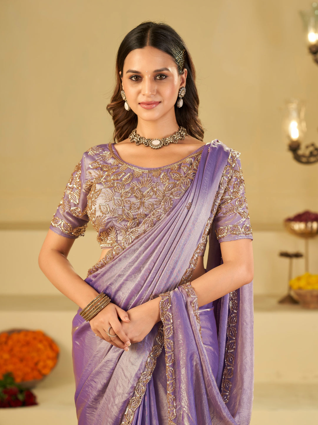 Lavender Designer Fendy Satin Saree with Heavy Embroidered Blouse & Sequin Border | Premium Wedding & Festive Wear Saree