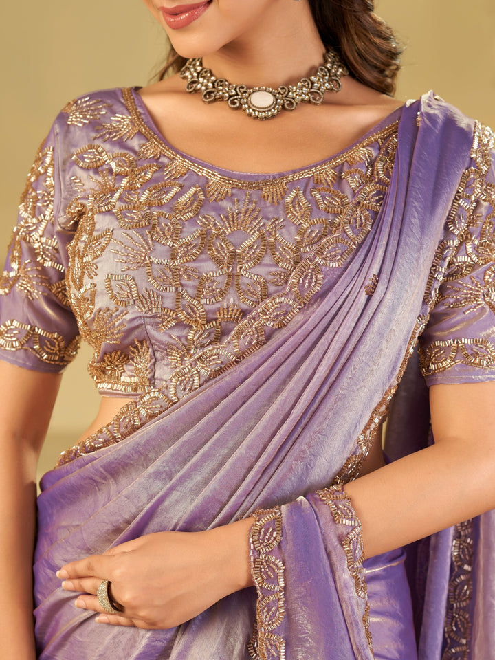 Lavender Designer Fendy Satin Saree with Heavy Embroidered Blouse & Sequin Border | Premium Wedding & Festive Wear Saree