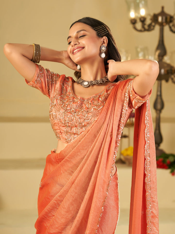 Peach Designer Fendy Satin Saree with Heavy Embroidered Blouse & Sequin Border | Elegant Wedding & Festive Saree