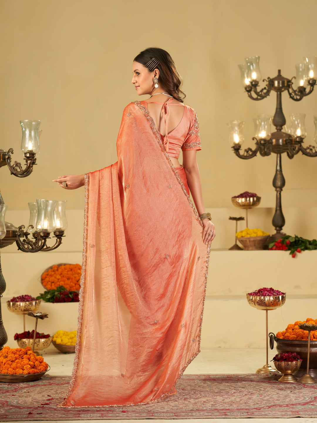 Peach Designer Fendy Satin Saree with Heavy Embroidered Blouse & Sequin Border | Elegant Wedding & Festive Saree