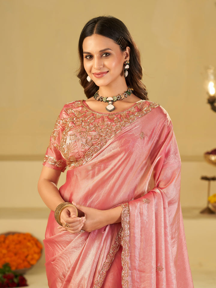 Baby Pink Designer Fendy Satin Saree with Heavy Embroidered Blouse & Sequin Border | Premium Wedding & Festive Saree