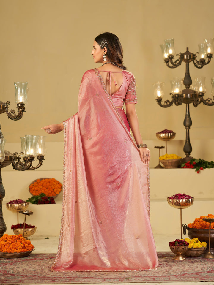 Baby Pink Designer Fendy Satin Saree with Heavy Embroidered Blouse & Sequin Border | Premium Wedding & Festive Saree