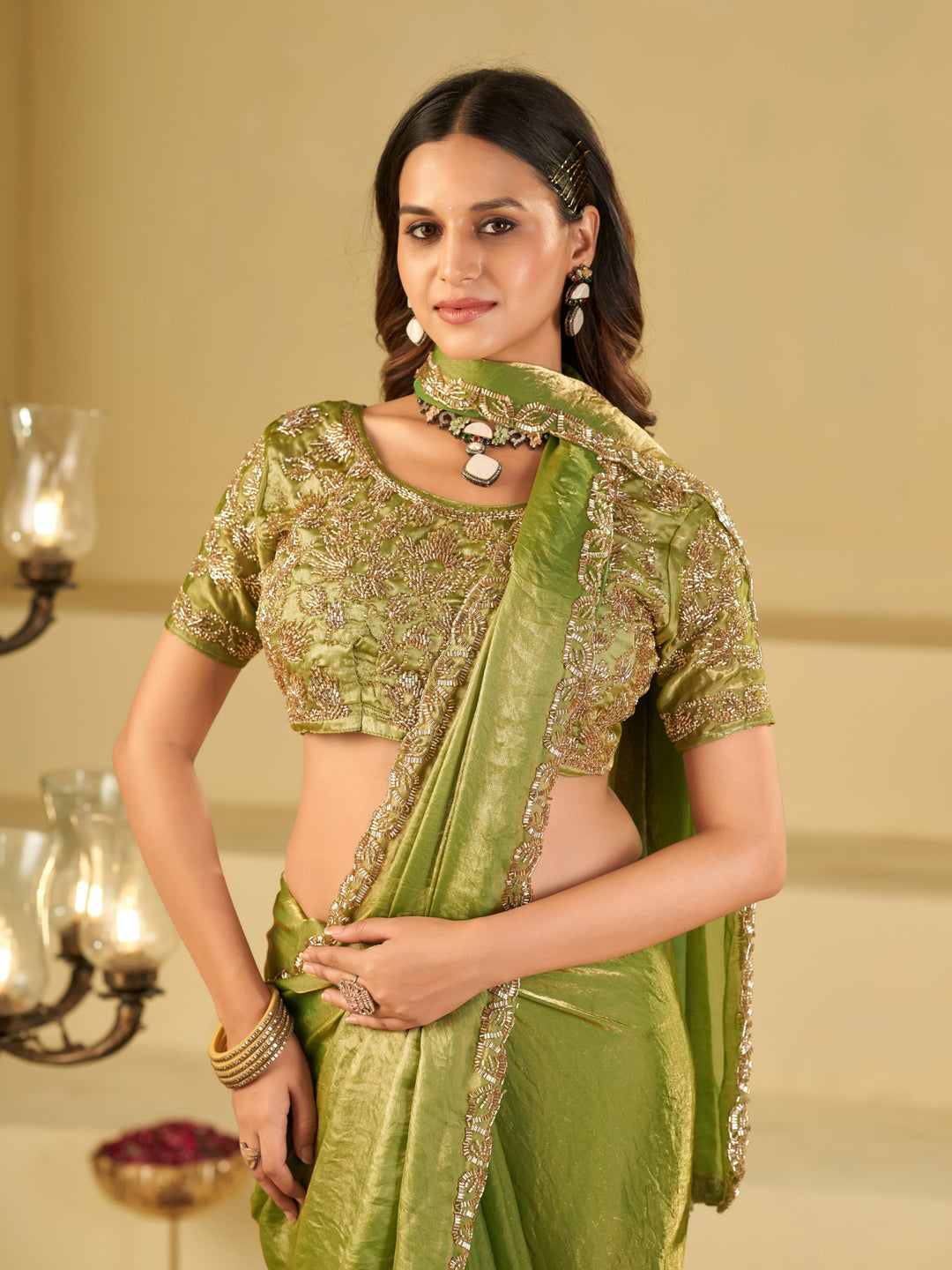 Pista Green Designer Fendy Satin Saree with Heavy Embroidered Blouse & Sequin Border | Premium Festive Wedding Saree
