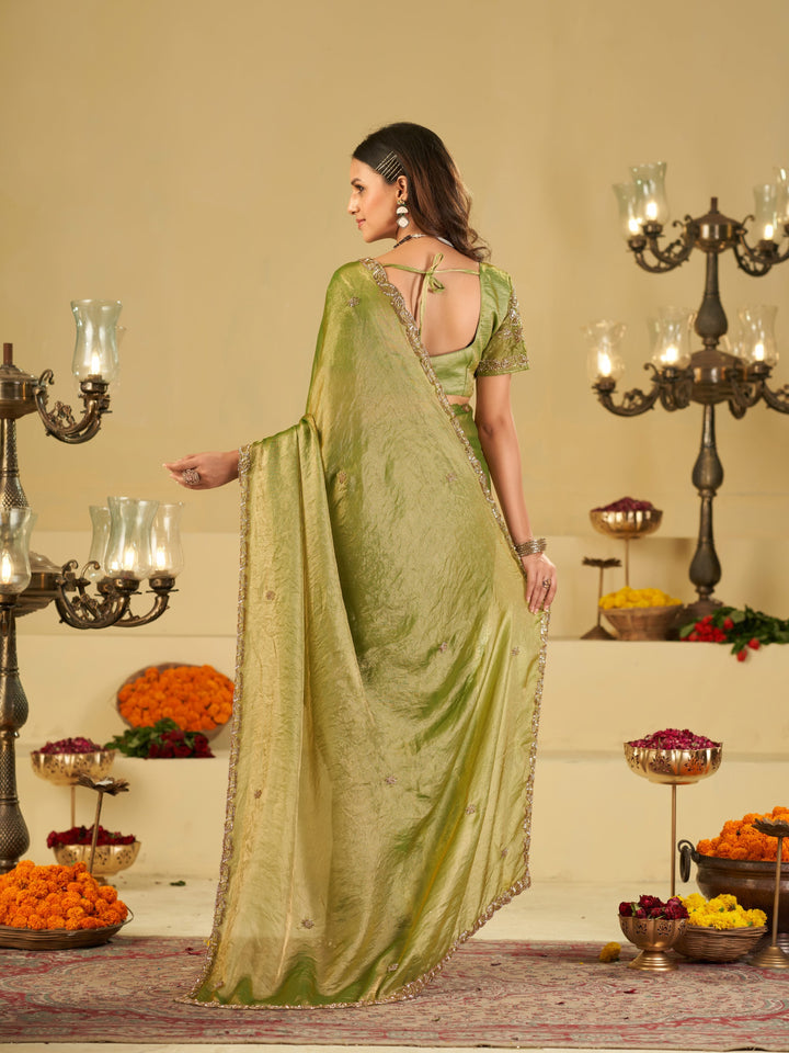 Pista Green Designer Fendy Satin Saree with Heavy Embroidered Blouse & Sequin Border | Premium Festive Wedding Saree