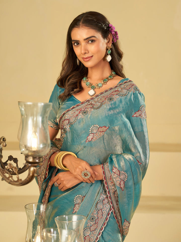 Sky Blue Designer Fendy Satin Saree with Floral Embroidered Border & Elegant Thread Work | Premium Festive Party Wear Saree