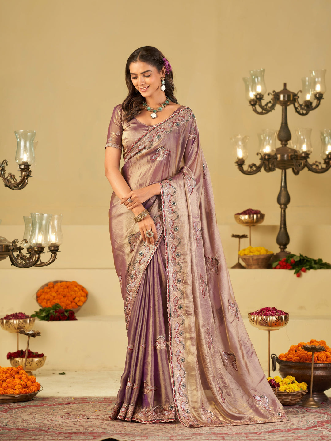 Lavender Designer Fendy Satin Saree with Floral Embroidered Border & Elegant Thread Work | Premium Festive Party Wear Saree