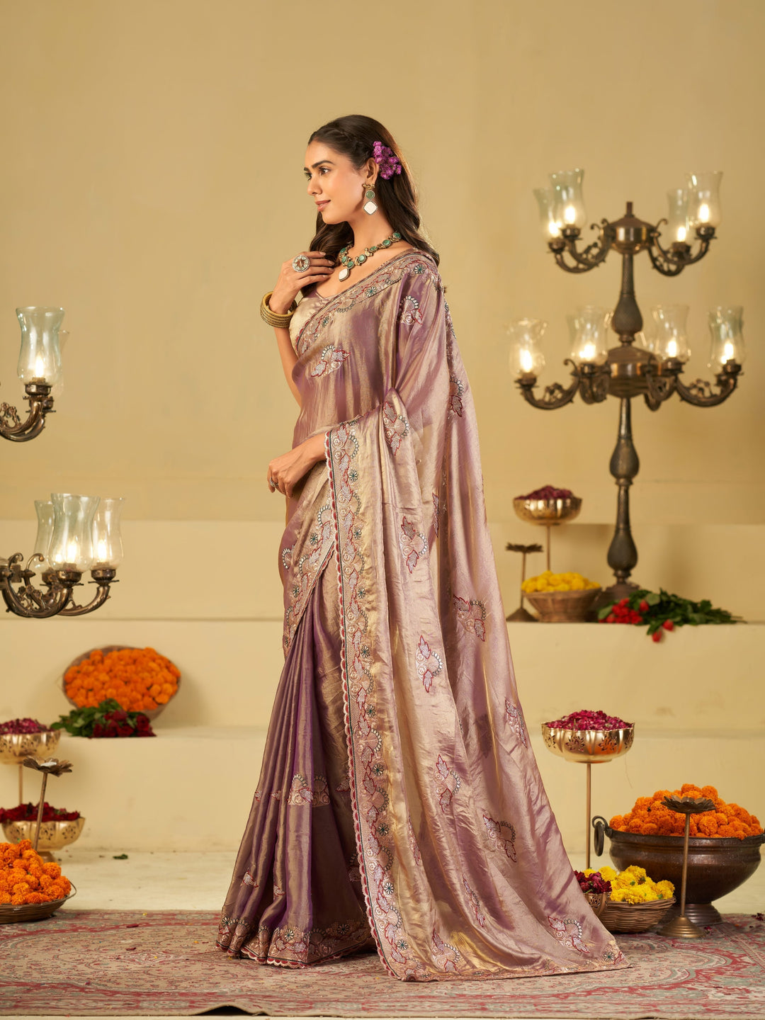 Lavender Designer Fendy Satin Saree with Floral Embroidered Border & Elegant Thread Work | Premium Festive Party Wear Saree