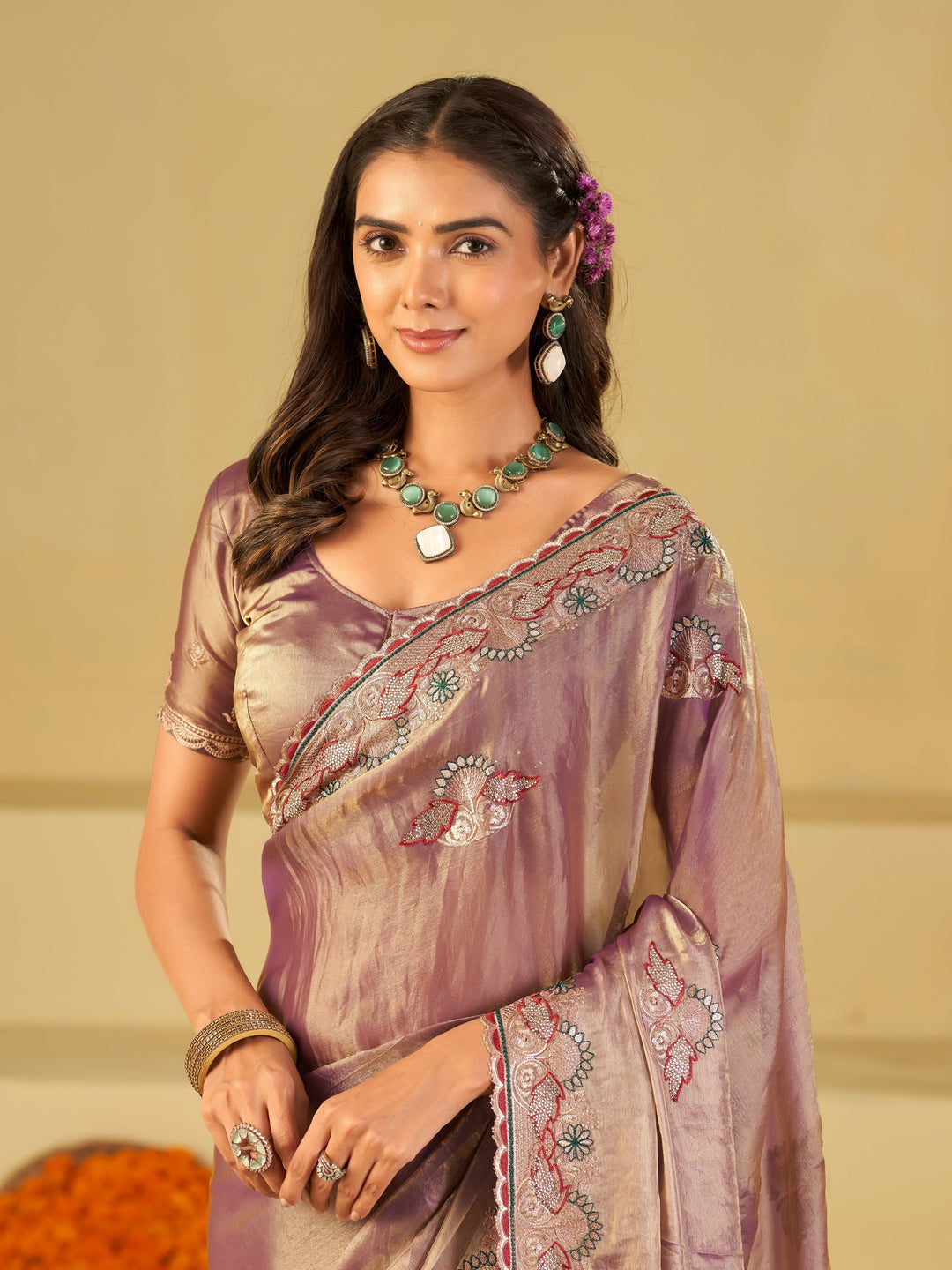 Lavender Designer Fendy Satin Saree with Floral Embroidered Border & Elegant Thread Work | Premium Festive Party Wear Saree