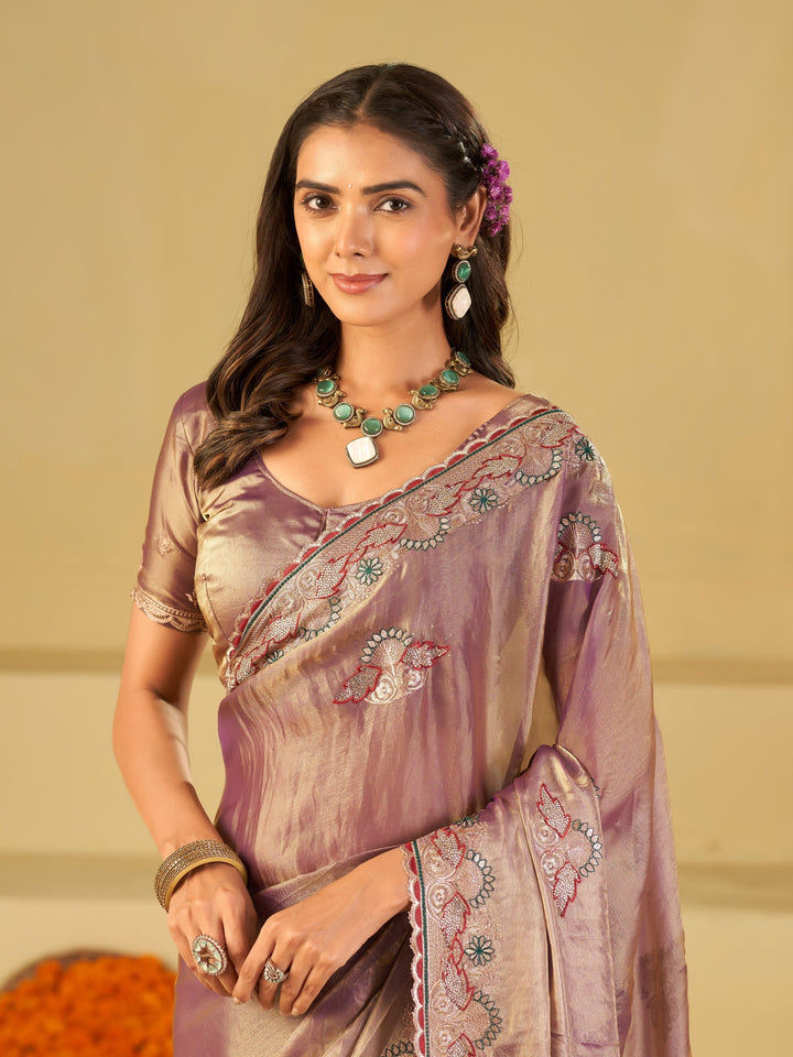 Lavender Designer Fendy Satin Saree with Floral Embroidered Border & Elegant Thread Work | Premium Festive Party Wear Saree