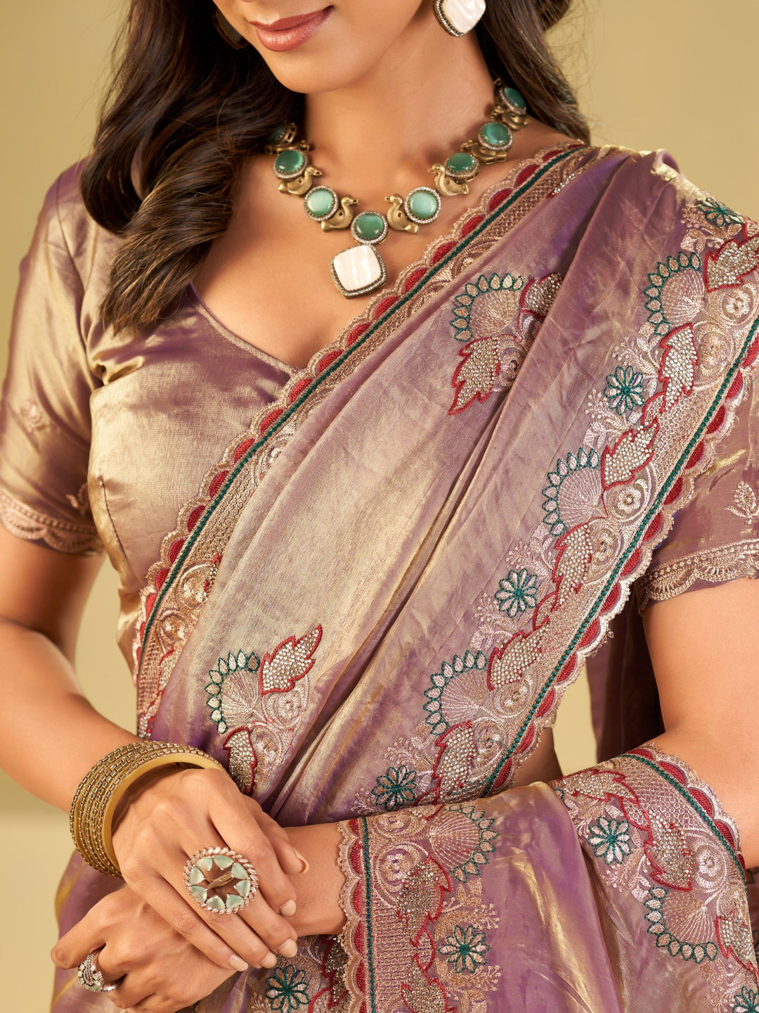 Lavender Designer Fendy Satin Saree with Floral Embroidered Border & Elegant Thread Work | Premium Festive Party Wear Saree