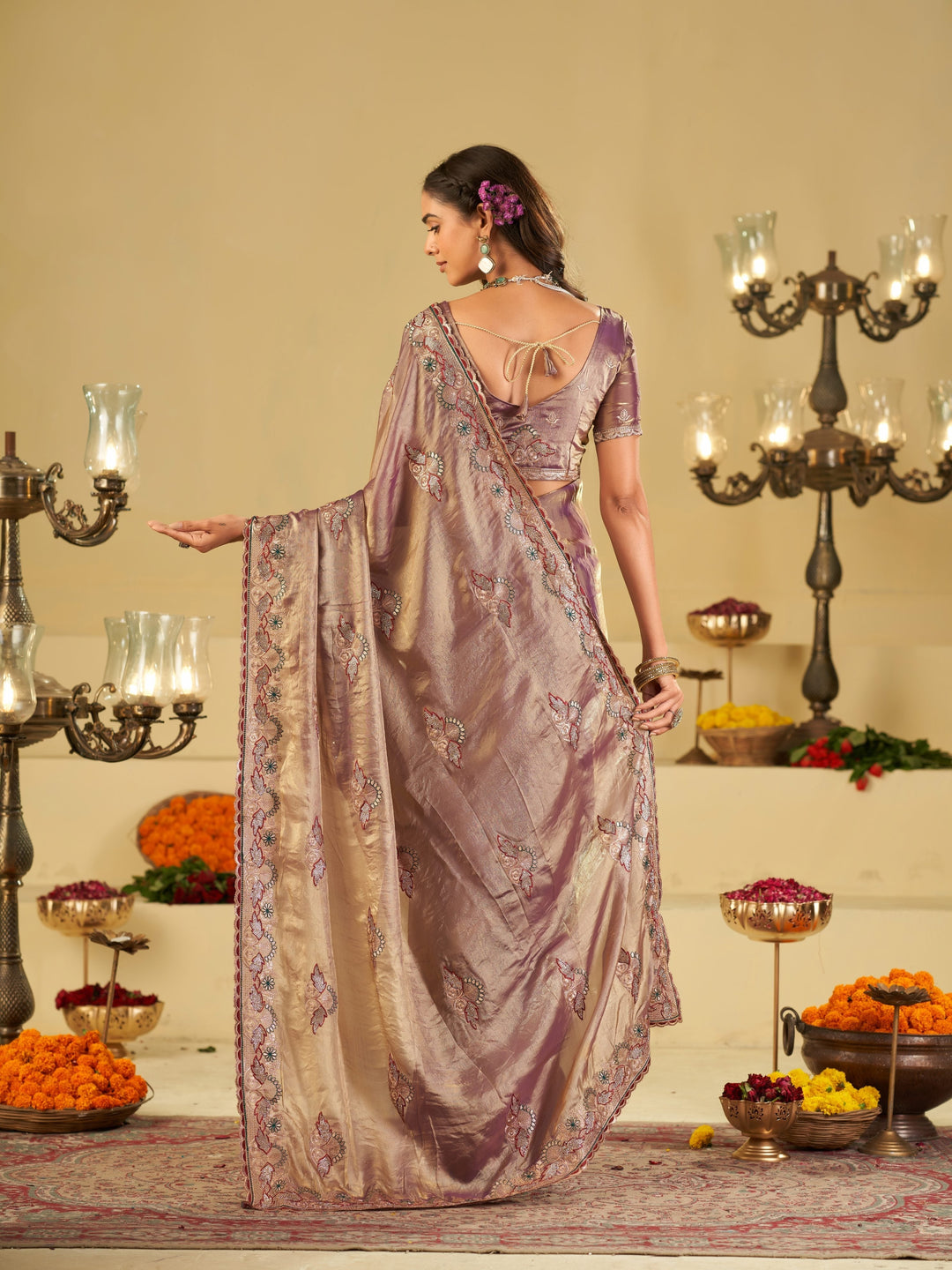 Lavender Designer Fendy Satin Saree with Floral Embroidered Border & Elegant Thread Work | Premium Festive Party Wear Saree