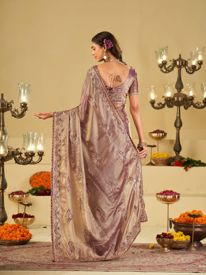 Lavender Designer Fendy Satin Saree with Floral Embroidered Border & Elegant Thread Work | Premium Festive Party Wear Saree