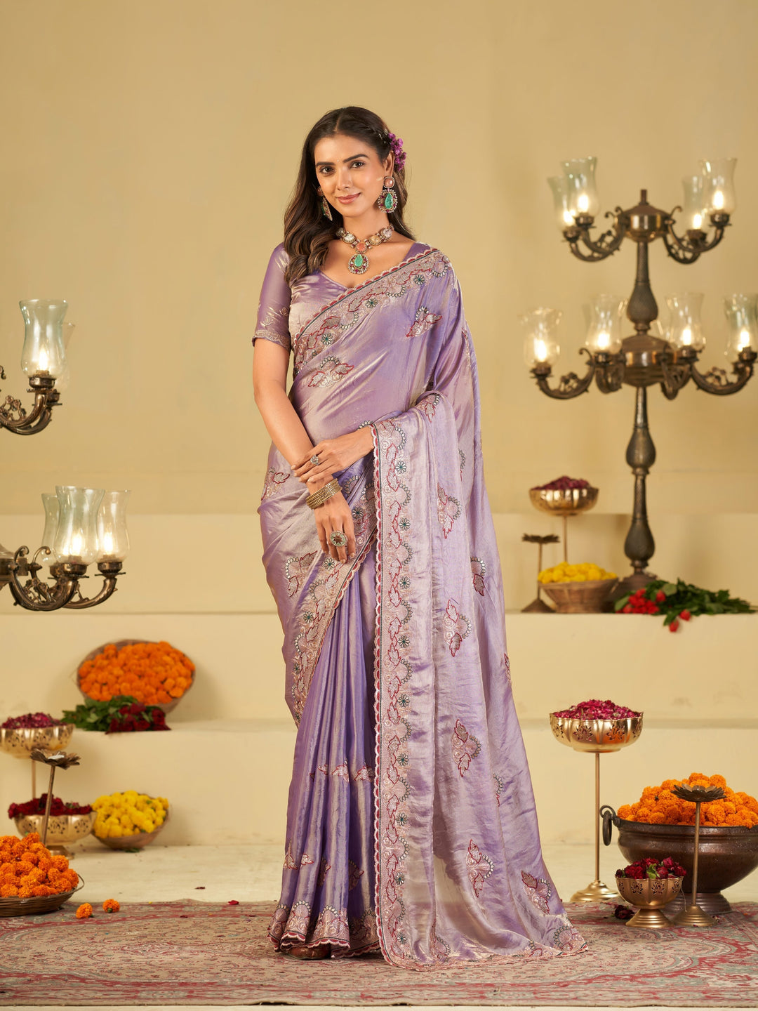 Lavender Premium Fendy Satin Saree with Floral Embroidered Border & Elegant Designer Thread Work | Festive Party Wear Saree