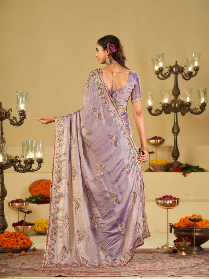 Lavender Premium Fendy Satin Saree with Floral Embroidered Border & Elegant Designer Thread Work | Festive Party Wear Saree